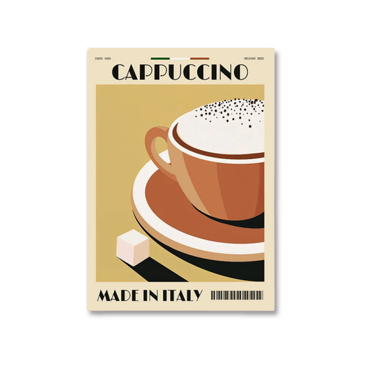 A retro-style illustrated poster or print featuring a cappuccino cup on a saucer with the text 'CAPPUCCINO' at the top and 'MADE IN ITALY' at the bottom, shown against a plain white background.