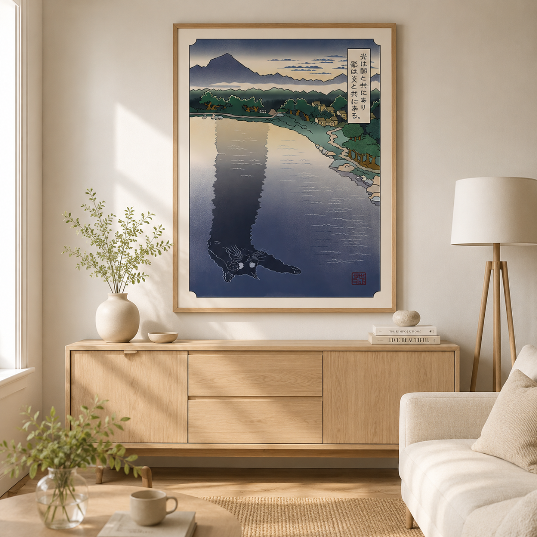 Japanese Cat Reflection Landscape Canvas Print