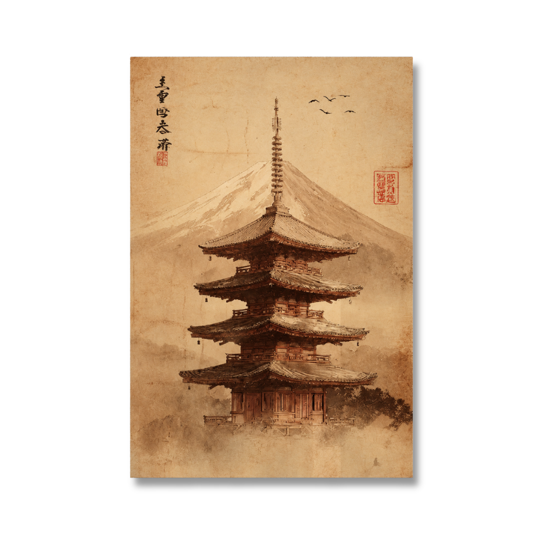A vertical art print depicting a traditional Japanese pagoda in front of a snow-capped mountain, printed on aged tan paper with black calligraphy and red seals, shown against a plain white background.