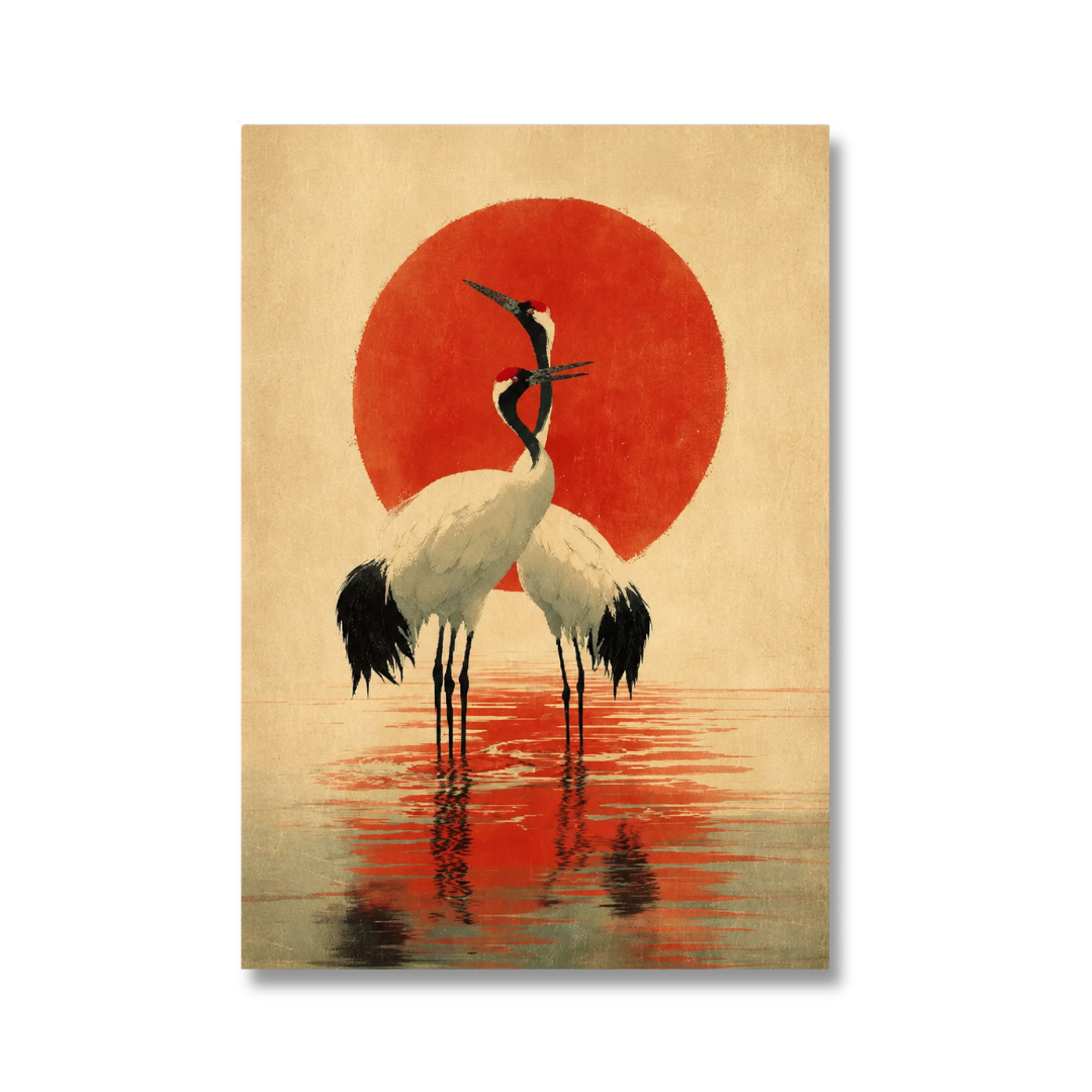Japanese Red-Crowned Cranes & Rising Sun Canvas Print