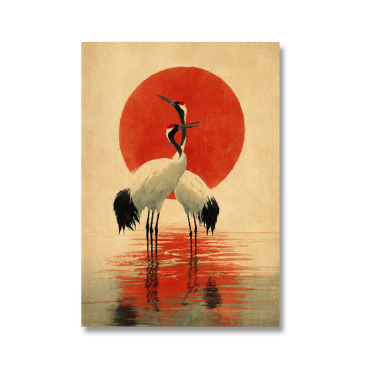 Japanese Red-Crowned Cranes & Rising Sun Canvas Print