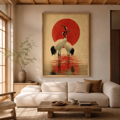 Japanese Red-Crowned Cranes & Rising Sun Canvas Print