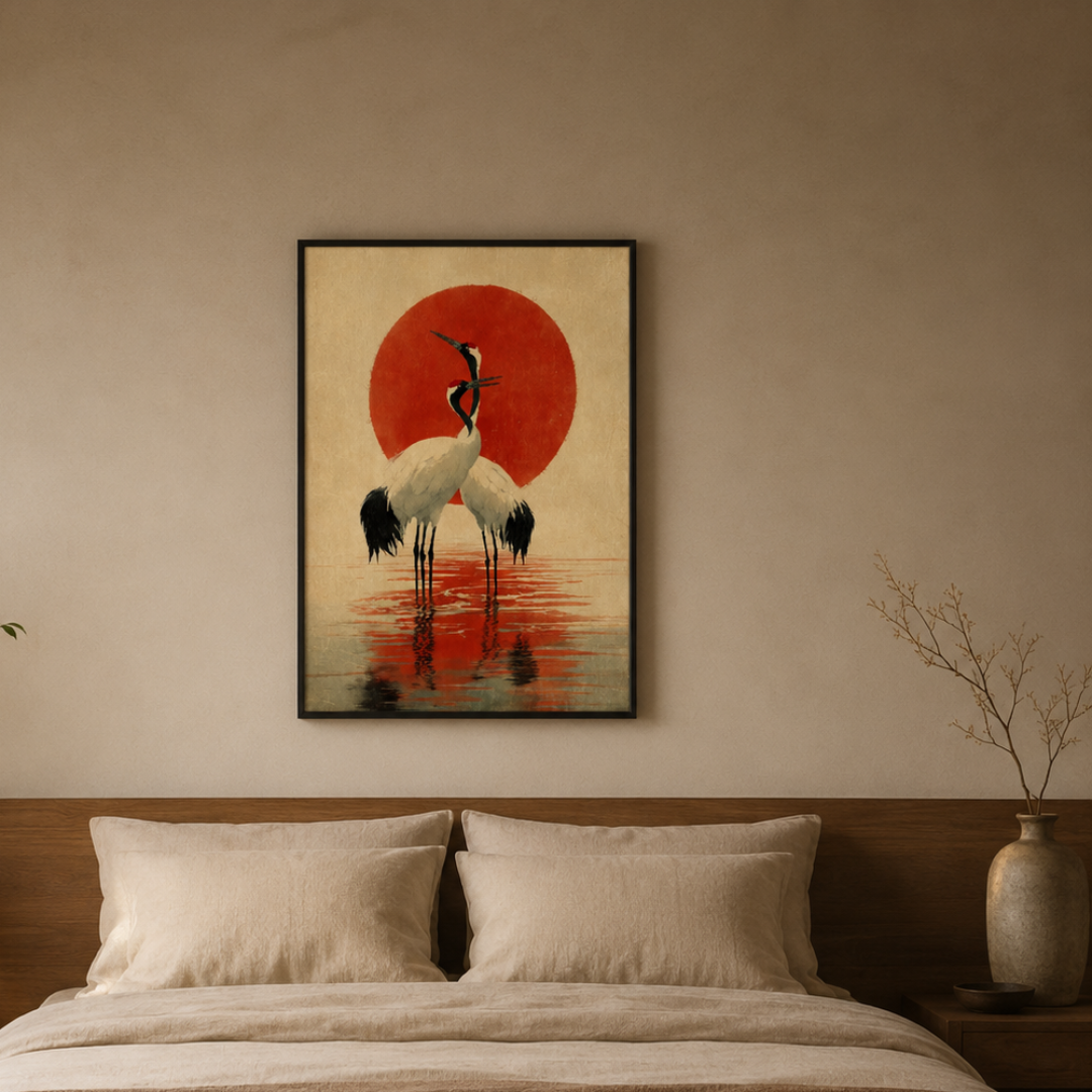 Japanese Red-Crowned Cranes & Rising Sun Canvas Print