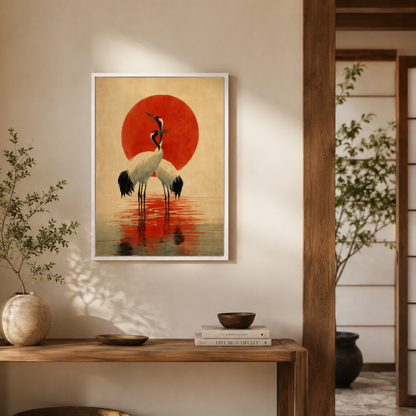 Japanese Red-Crowned Cranes & Rising Sun Canvas Print