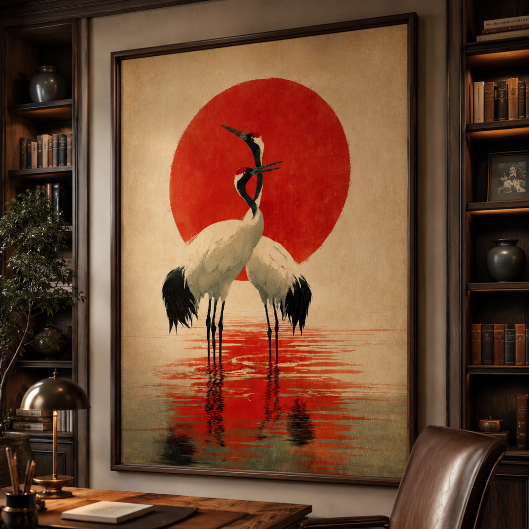 Japanese Red-Crowned Cranes & Rising Sun Canvas Print