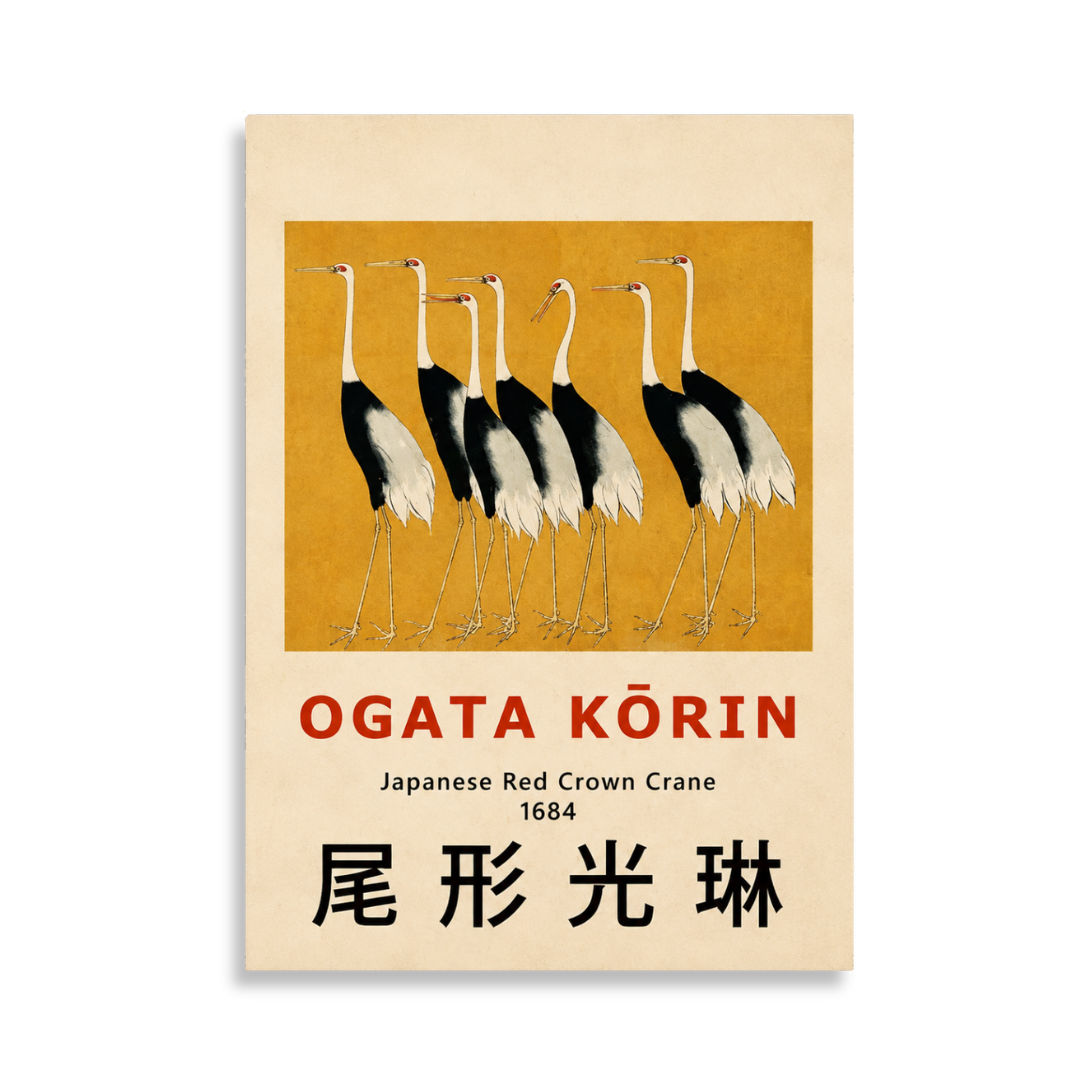 A vintage-style poster or art print featuring an illustration of five Japanese red crown cranes on a mustard yellow panel, with the text 'OGATA KŌRIN', 'Japanese Red Crown Crane 1684', and large black characters below, shown against a light neutral background.