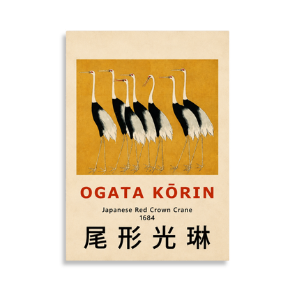 A vintage-style poster or art print featuring an illustration of five Japanese red crown cranes on a mustard yellow panel, with the text 'OGATA KŌRIN', 'Japanese Red Crown Crane 1684', and large black characters below, shown against a light neutral background.