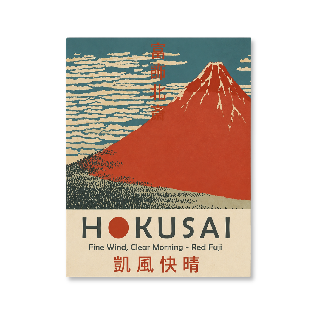 A vintage-style travel poster or art print featuring a red富士 mountain under a teal sky with cream clouds, with the word HOKUSAI and Japanese text on a cream lower section, shown against a light gray background.