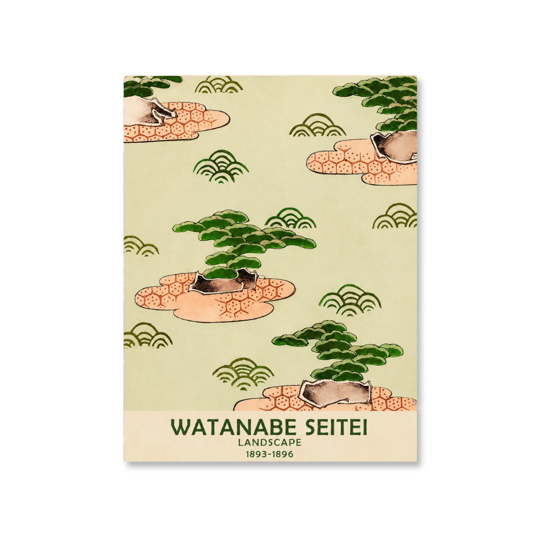 A rectangular art print or poster featuring a vintage Japanese-style landscape pattern with green trees, peach rock formations, and wave motifs on a pale cream background. The bottom reads 'WATANABE SEITEI LANDSCAPE 1893-1896'.