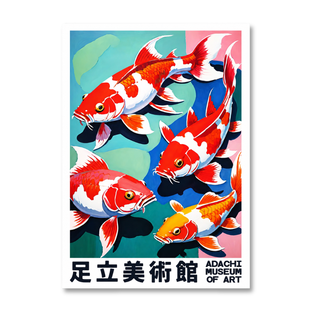 A vertical art poster featuring five koi fish in a stylized, colorful illustration. The fish are rendered in red, orange, white, and yellow tones against a split teal and pink background.