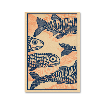A vertical art print featuring stylized fish illustrations in dark blue on a warm beige background with peach-orange abstract patterns, shown against a plain white background.
