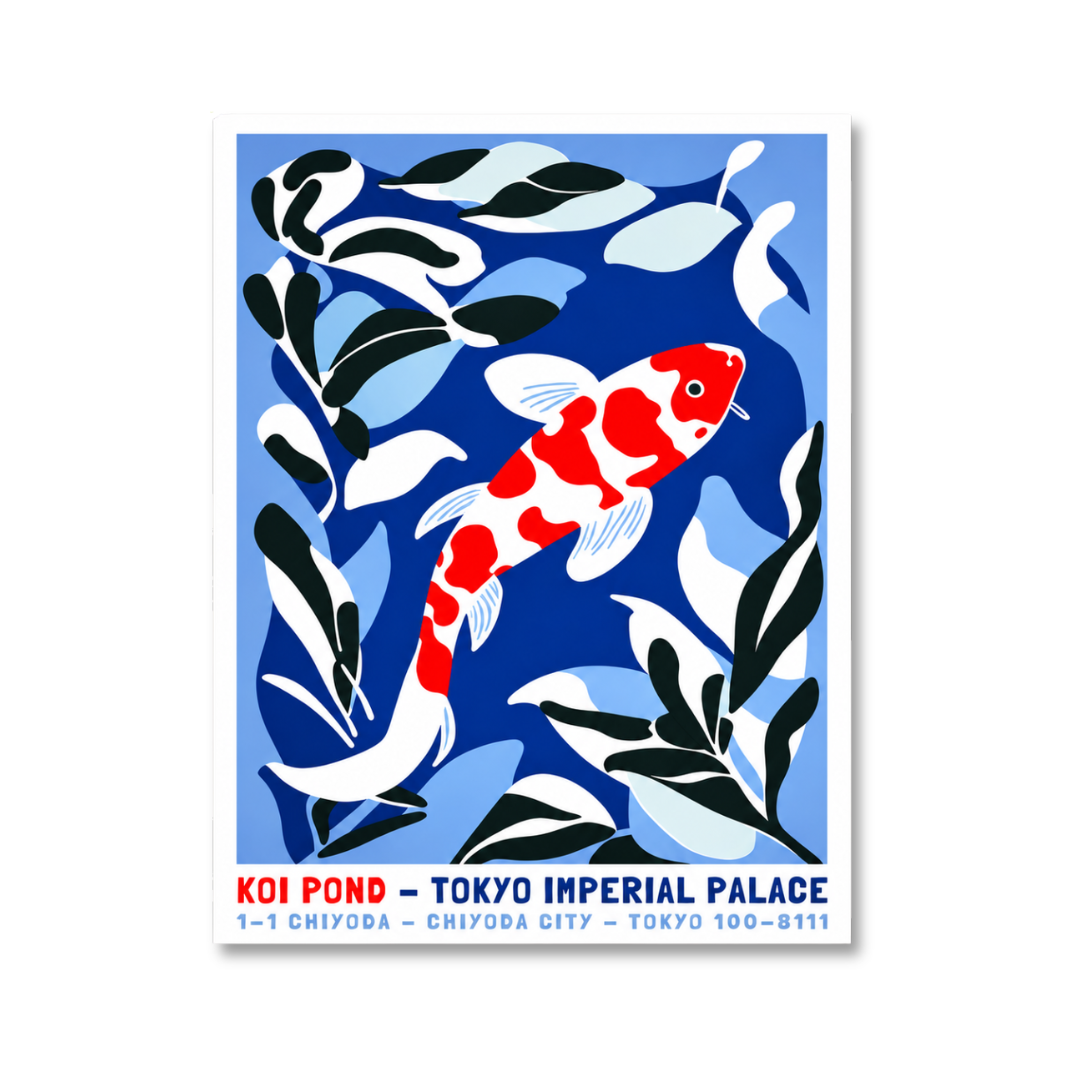A vertical art print poster featuring a stylized koi fish in a blue pond with white and black leaves. The text at the bottom reads 'KOI POND - TOKYO IMPERIAL PALACE' with address details below.