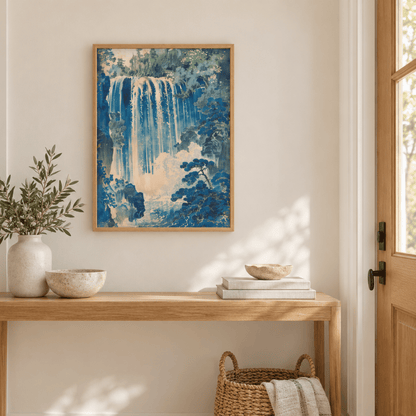 Indigo Cascade Japanese Landscape Canvas Print