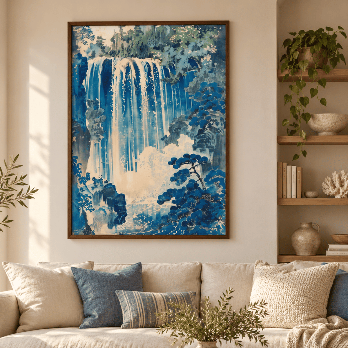 Indigo Cascade Japanese Landscape Canvas Print