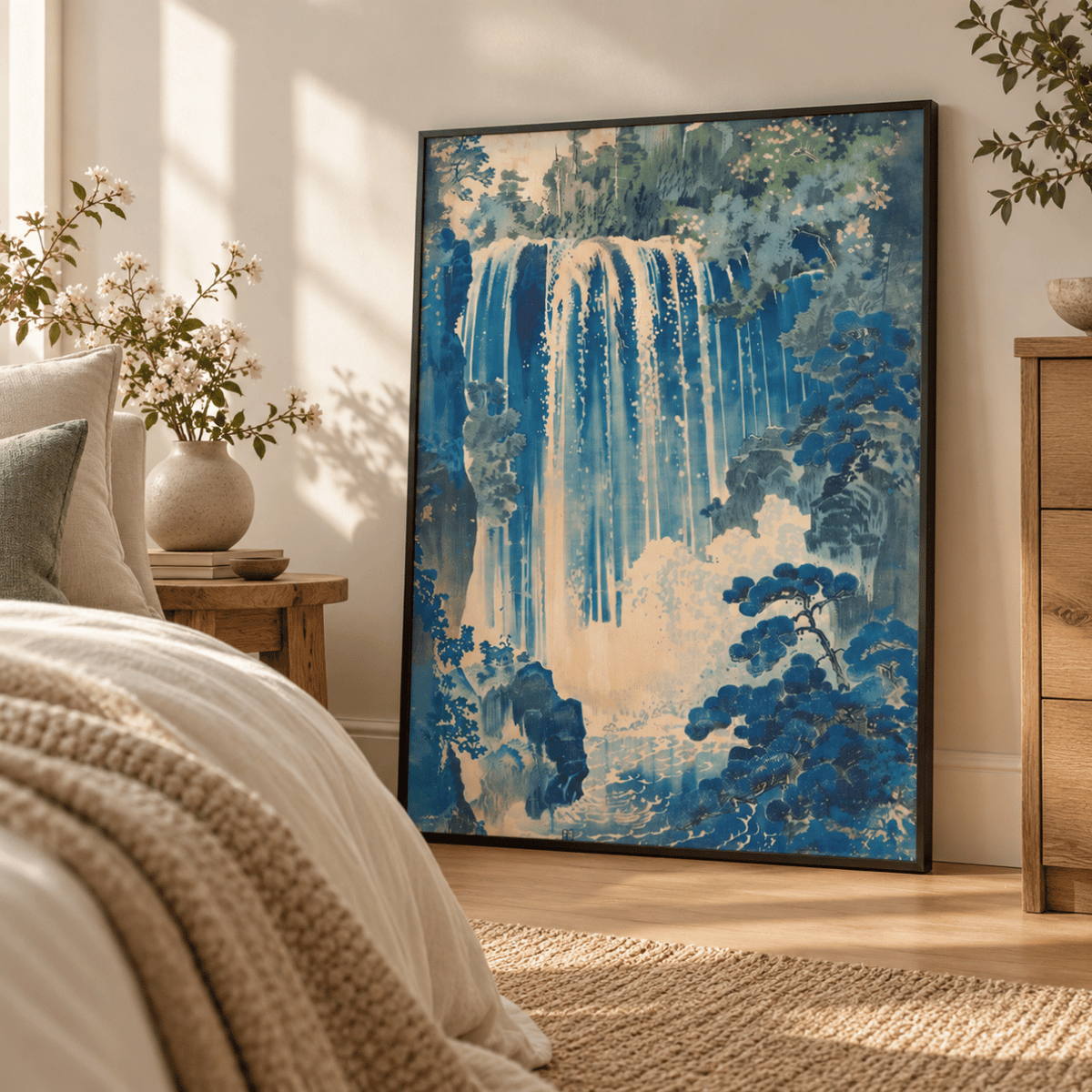 Indigo Cascade Japanese Landscape Canvas Print