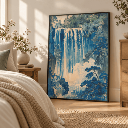 Indigo Cascade Japanese Landscape Canvas Print