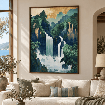 Golden Peaks Japanese Waterfall Canvas Print