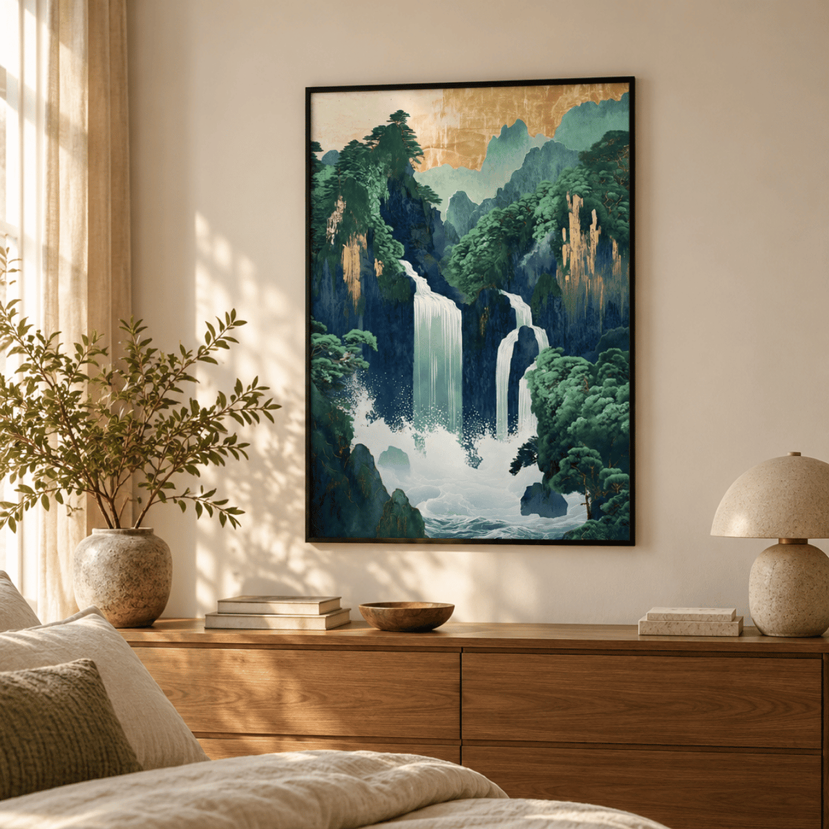 Golden Peaks Japanese Waterfall Canvas Print