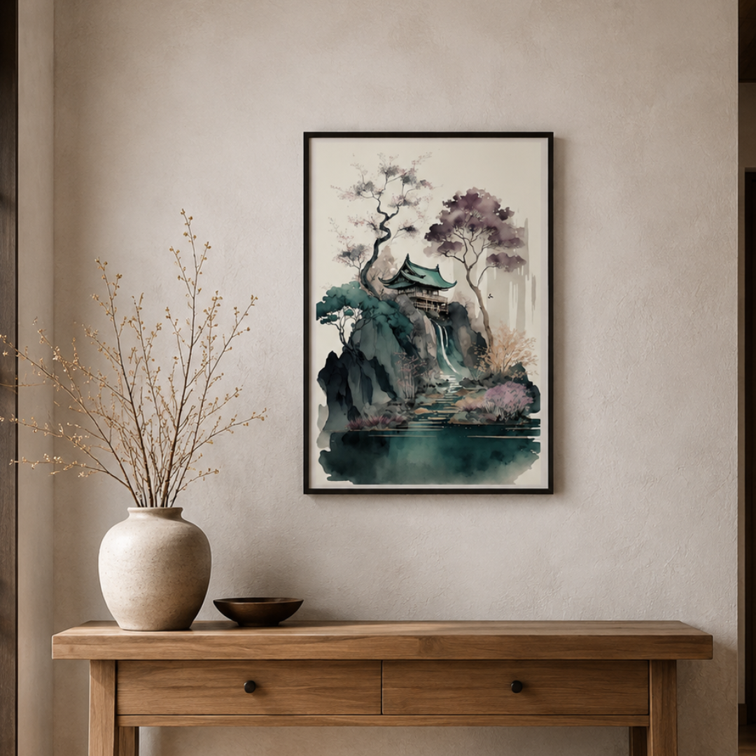 Waterfall Temple Garden Canvas Print
