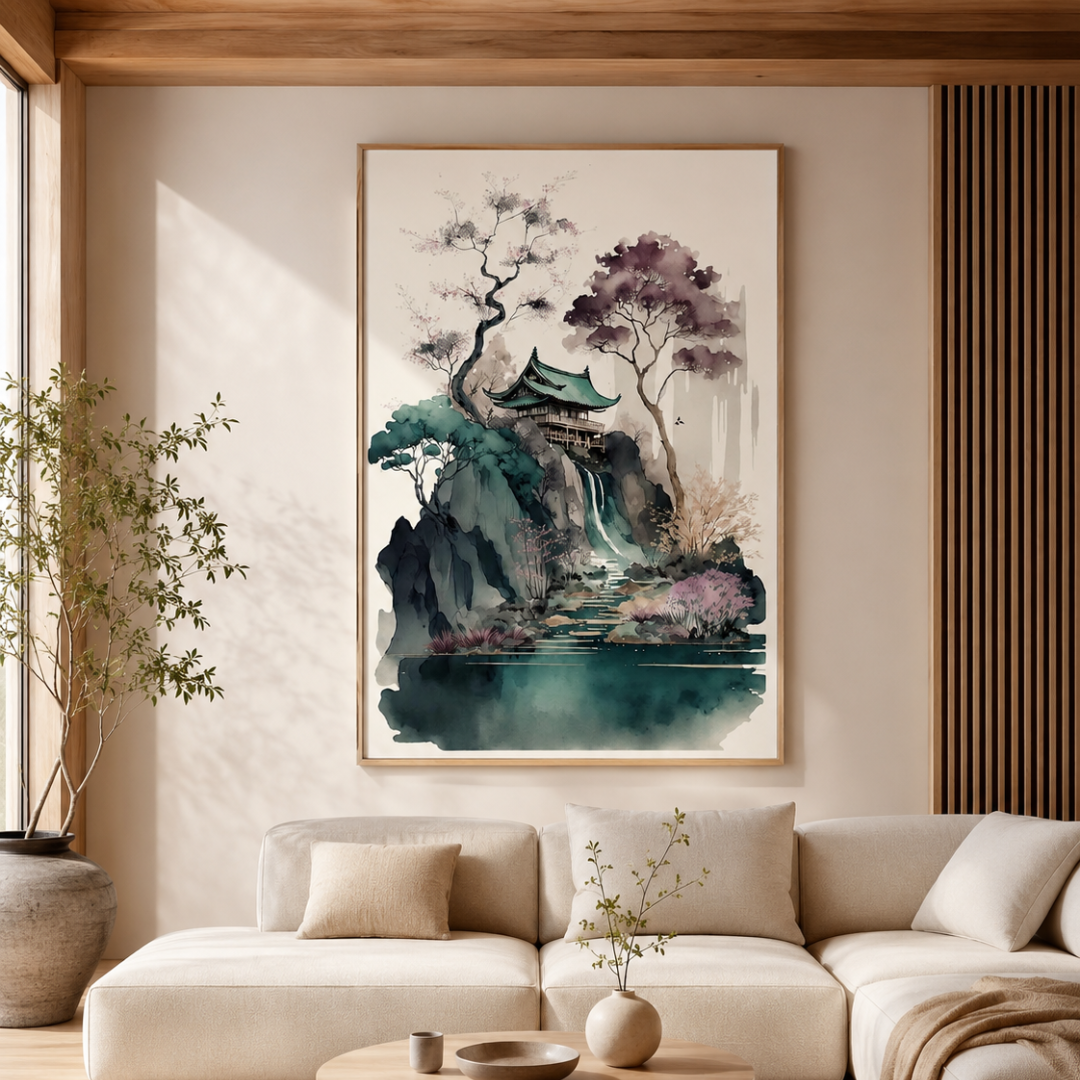 Waterfall Temple Garden Canvas Print