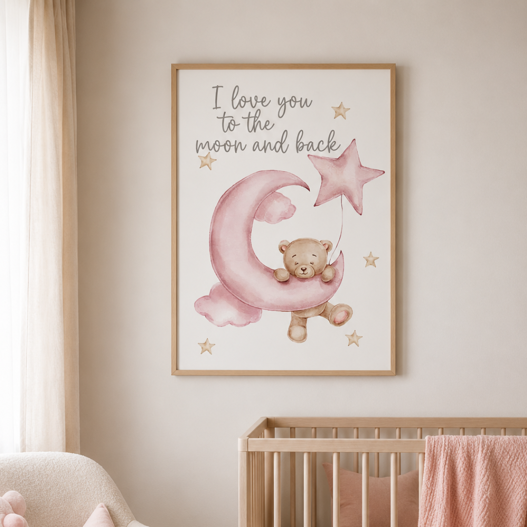 A framed nursery wall art print hanging above a crib, featuring the text 'I love you to the moon and back' with a pink crescent moon, teddy bear, and star illustration on a warm beige background.