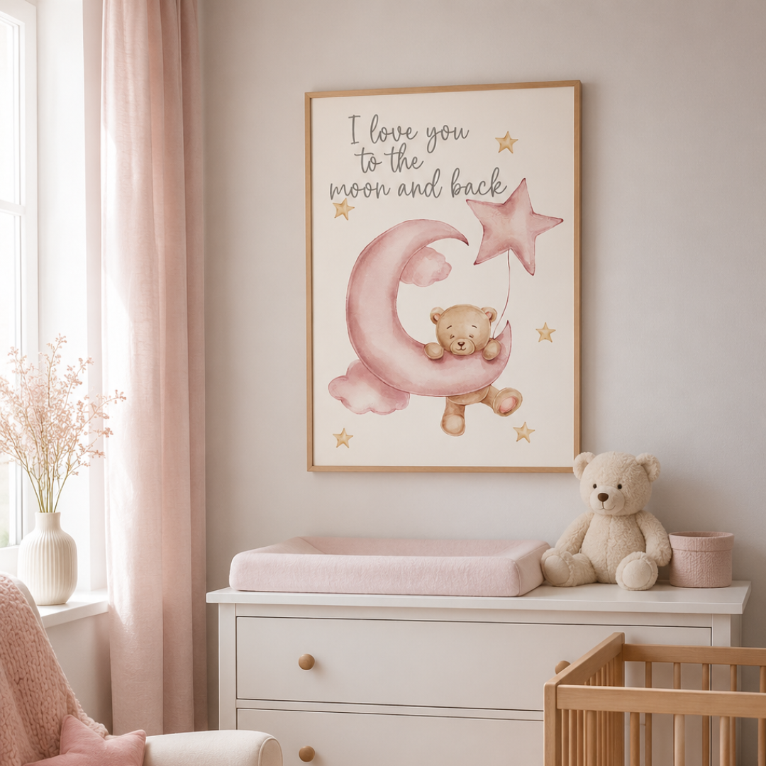 Love You to the Moon Pink Teddy Canvas Print