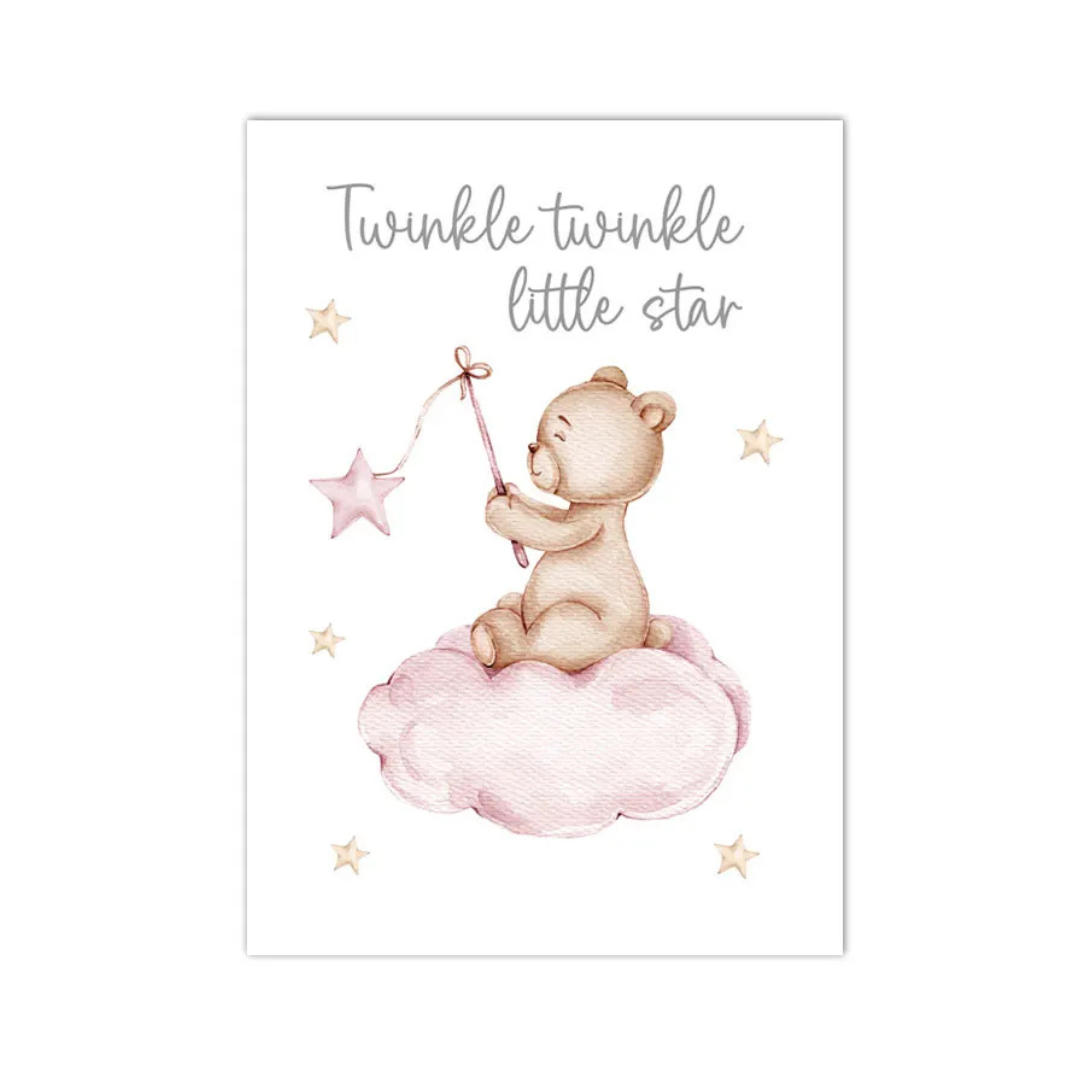 A square nursery art print featuring a watercolor illustration of a teddy bear sitting on a pink cloud and holding a wand with a star, with the text 'Twinkle twinkle little star' above. The print is shown against a clean white background.