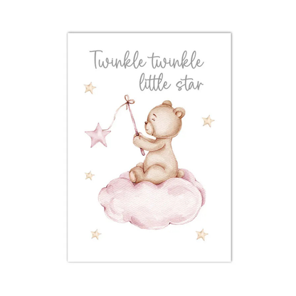 A square nursery art print featuring a watercolor illustration of a teddy bear sitting on a pink cloud and holding a wand with a star, with the text 'Twinkle twinkle little star' above. The print is shown against a clean white background.