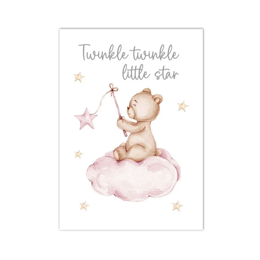 A square nursery art print featuring a watercolor illustration of a teddy bear sitting on a pink cloud and holding a wand with a star, with the text 'Twinkle twinkle little star' above. The print is shown against a clean white background.