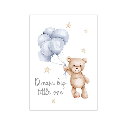 A vertical baby nursery art print featuring a watercolor teddy bear holding a bunch of light blue balloons, with the phrase 'Dream big little one' and small gold stars on a white background.