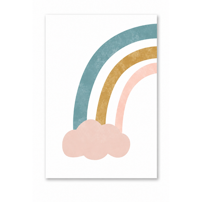 A minimalist art print featuring a pastel rainbow with a dusty blue arch, a textured gold middle band, and a soft pink lower band, rising from a matching pink cloud on a white background.