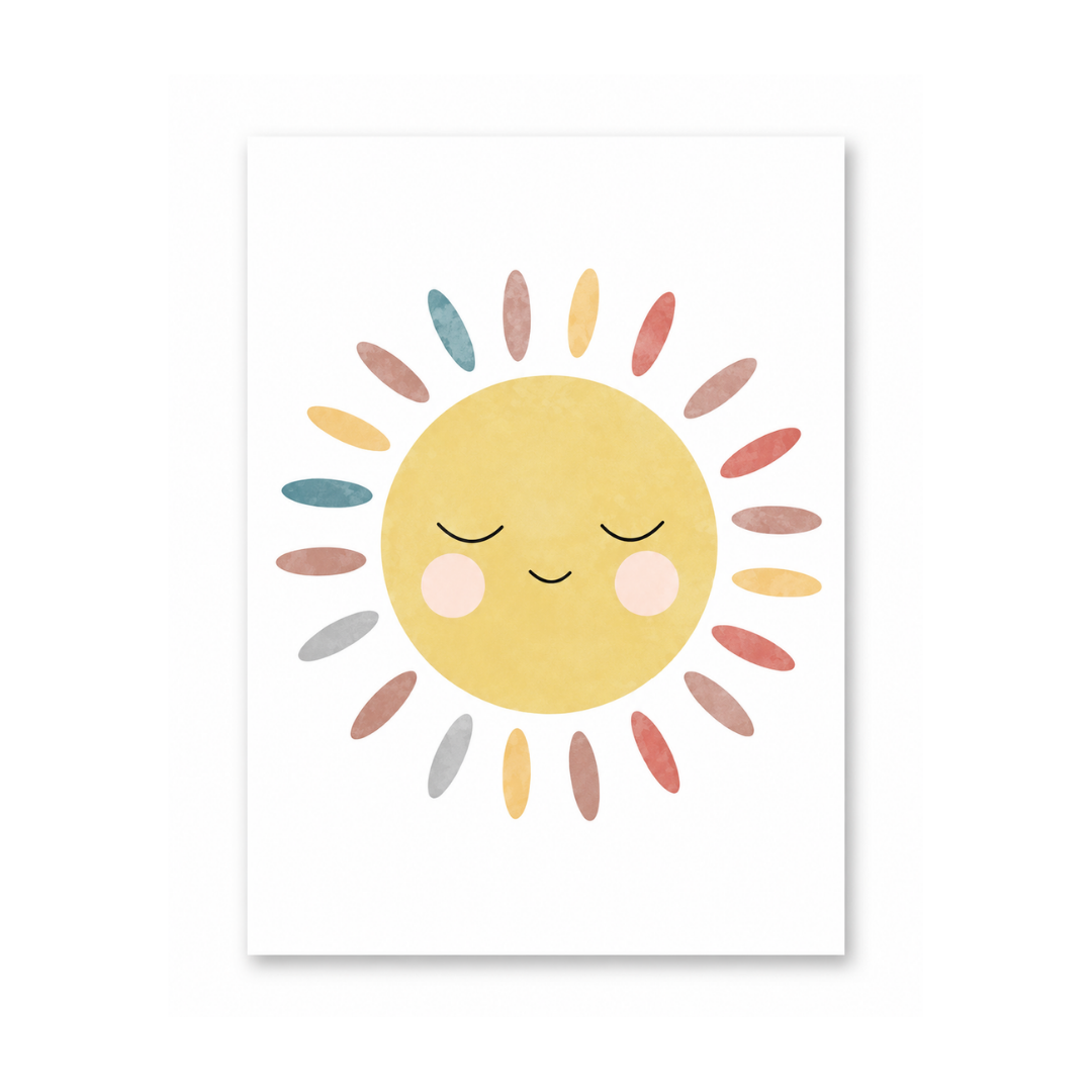 A minimalist art print featuring a smiling yellow sun with closed eyes and pastel-colored rays on a white background.