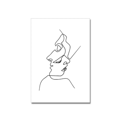 A minimalist black and white continuous line art print depicting a stylized face profile, shown as a vertical rectangular poster on a clean white background.
