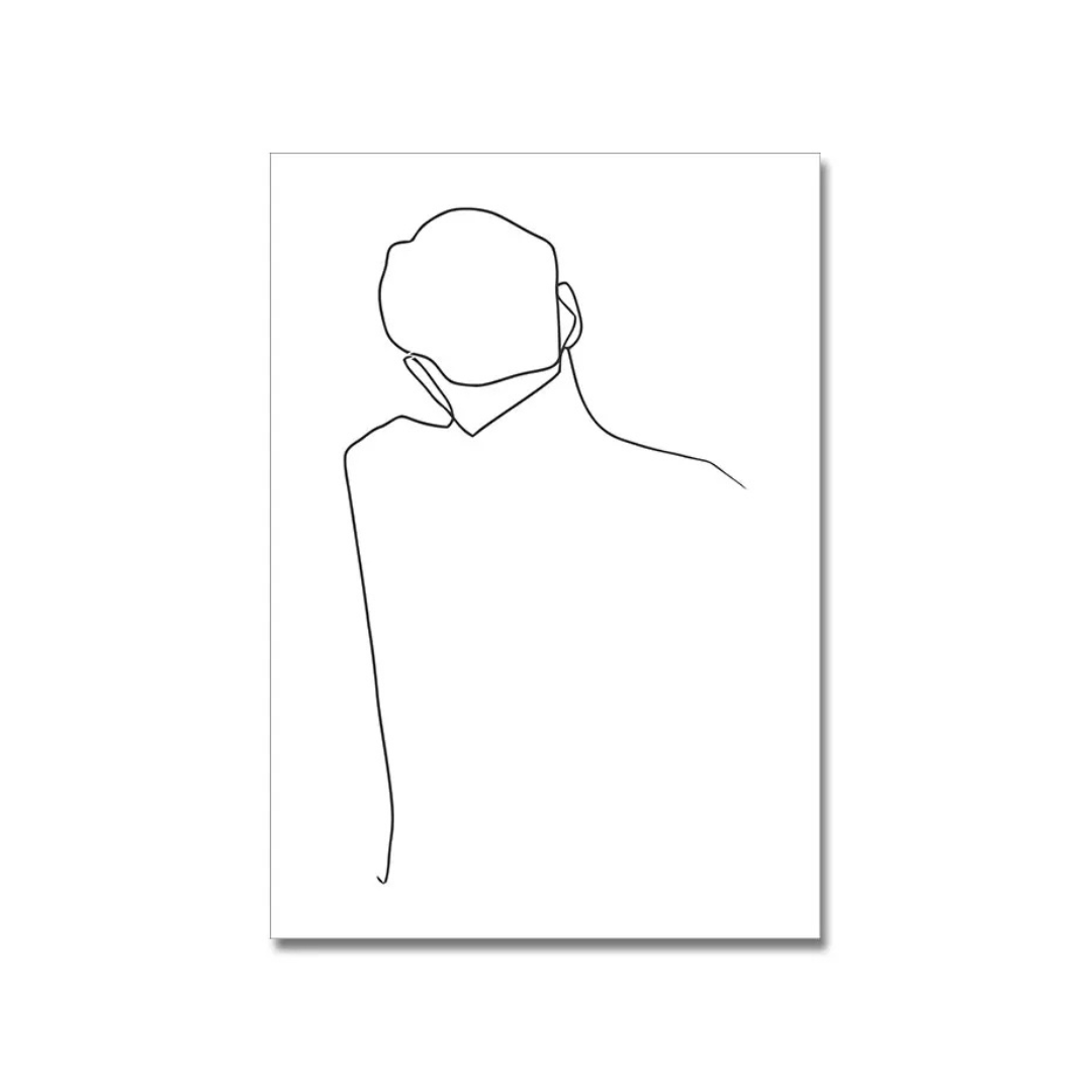 A minimalist black continuous-line art print of a person's profile on a white rectangular canvas, shown against a clean white background with a subtle drop shadow.