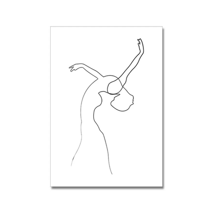 A minimalist black line art print of a dancer on a white rectangular canvas, shown against a clean white background with a subtle drop shadow.