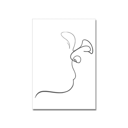 A minimalist black line art print on a white rectangular canvas, featuring an abstract face profile design, shown against a solid white background.