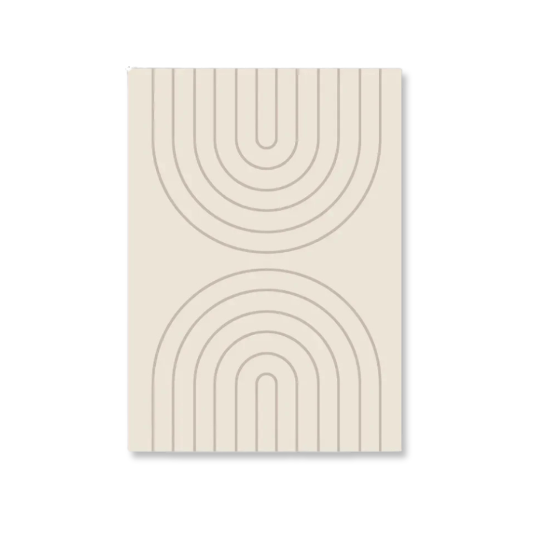 A minimalist art print featuring a cream-colored background with thin, light gray concentric arches and U-shapes, presented as a vertical rectangular canvas on a white background.