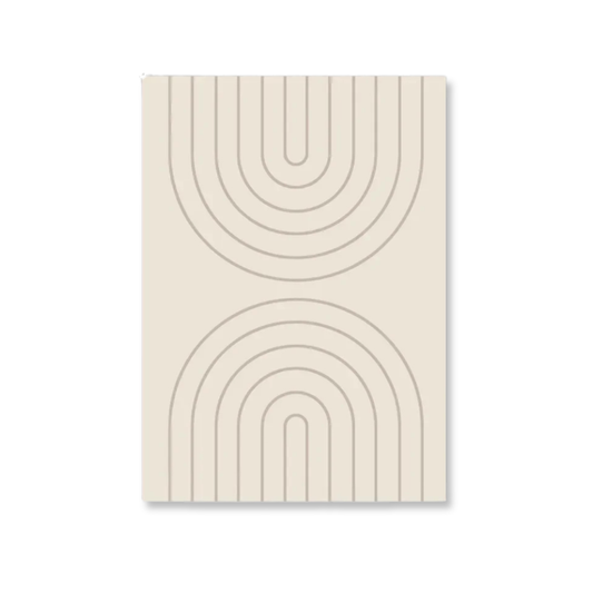 A minimalist art print featuring a cream-colored background with thin, light gray concentric arches and U-shapes, presented as a vertical rectangular canvas on a white background.