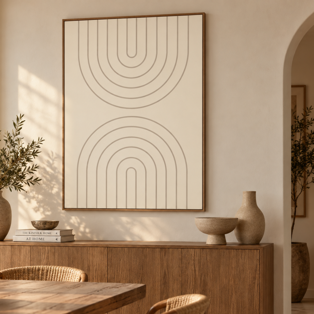 Framed wall art with minimalist beige concentric arch lines on an off-white background, hanging above a wooden console in a warm, modern interior with plants and ceramic vases.