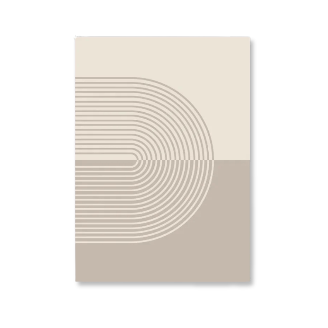 A minimalist art print or poster featuring a geometric design with concentric arches and lines in warm beige and taupe tones, displayed against a clean white background.