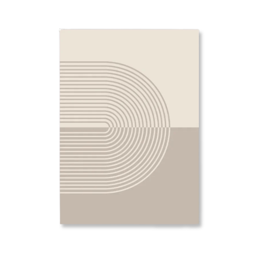 A minimalist art print or poster featuring a geometric design with concentric arches and lines in warm beige and taupe tones, displayed against a clean white background.