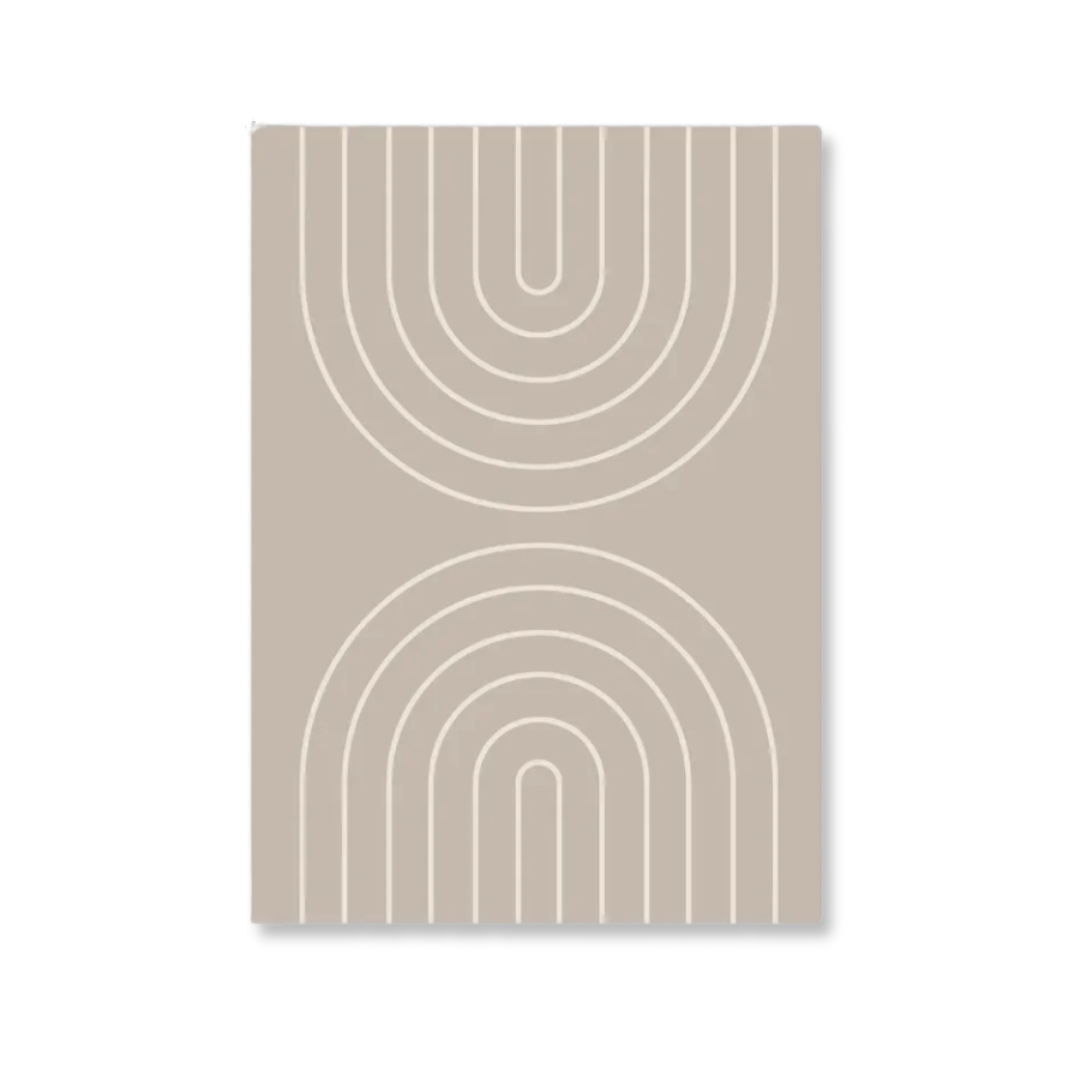 A vertical rectangular art print or poster with a minimalist design, featuring white concentric arches and U-shapes on a warm beige background, shown against a clean white backdrop.