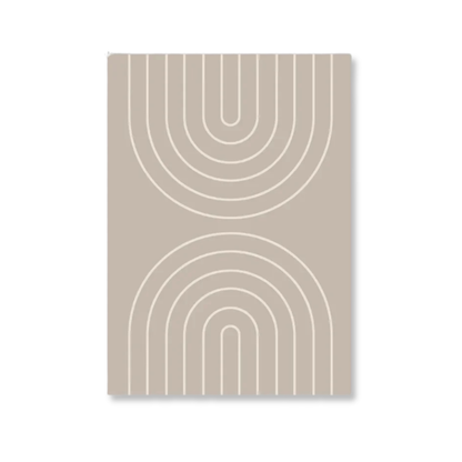 A vertical rectangular art print or poster with a minimalist design, featuring white concentric arches and U-shapes on a warm beige background, shown against a clean white backdrop.