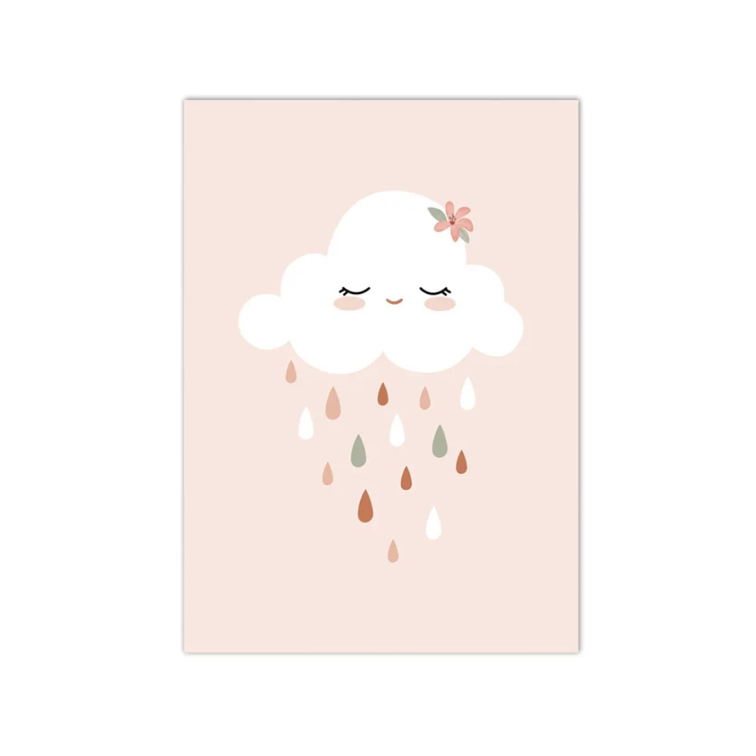 A vertical art print featuring a cute, smiling white cloud with closed eyes, a small pink flower on its head, and pastel-colored raindrops falling from above, set against a soft pink background.