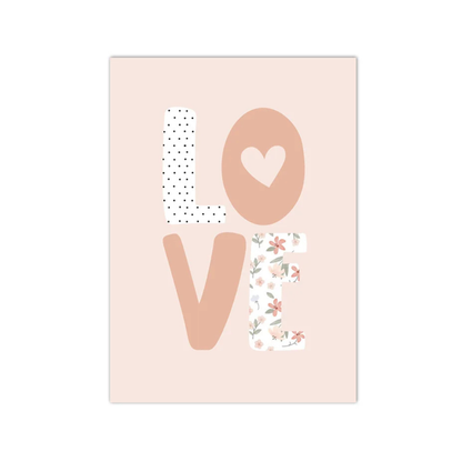 A vertical art print featuring the word 'LOVE' in large letters on a pale blush pink background. The letter 'L' is filled with black polka dots on a white base, the 'O' contains a small white heart, the 'V' is solid peach, and the 'E' has a delicate floral pattern with pink, green, and white tones.