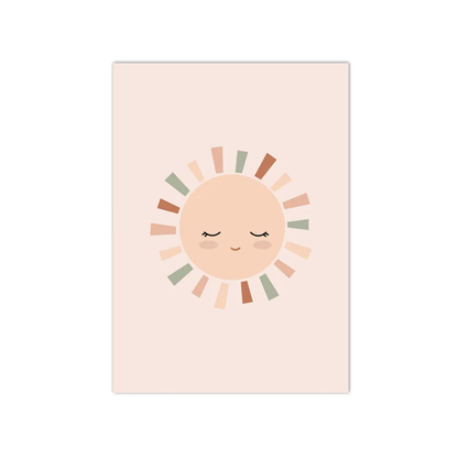 A minimalist art print featuring a cute, smiling sun with closed eyes, surrounded by pastel-colored rays on a soft blush pink background.