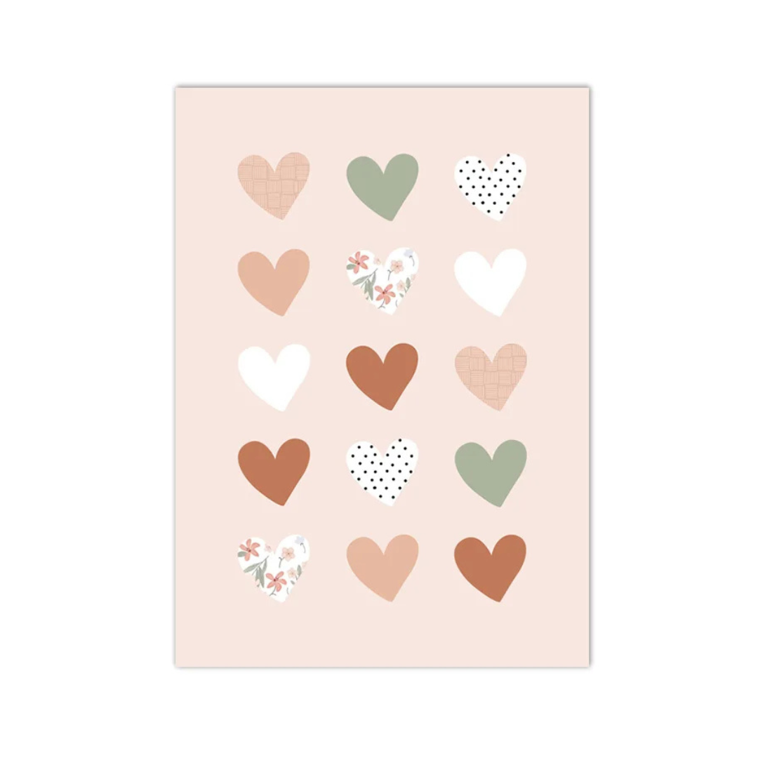 A vertical art print featuring a grid of pastel hearts in various patterns (solid, polka dot, floral) on a soft blush pink background, shown against a clean white backdrop.