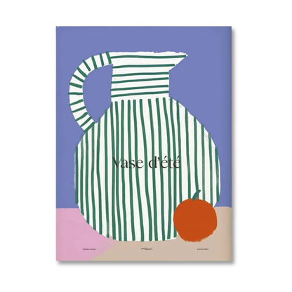 A minimalist art print featuring a green and white striped summer pitcher with the French text 'Vase d'eté' and a small orange pumpkin, set against a lavender background with a pink and beige base.