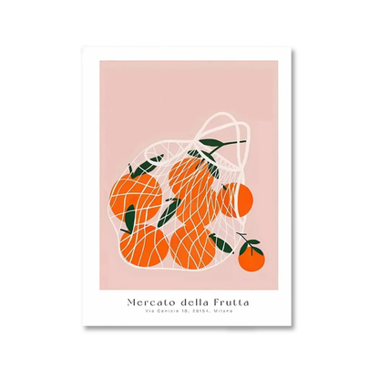 A minimalist art print featuring an orange and white illustration of a mesh bag of oranges on a soft pink background, with the Italian text 'Mercato della Frutta' and a small address printed at the bottom. The print is presented with a white border against a clean white background.