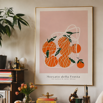 A framed art print featuring a stylized illustration of oranges in a mesh bag on a dusty pink background, with the text 'Mercato della Frutta' and 'CIN CENTO DI ZONA, MILANO' at the bottom. The print is displayed on a beige wall in a styled home interior setting.